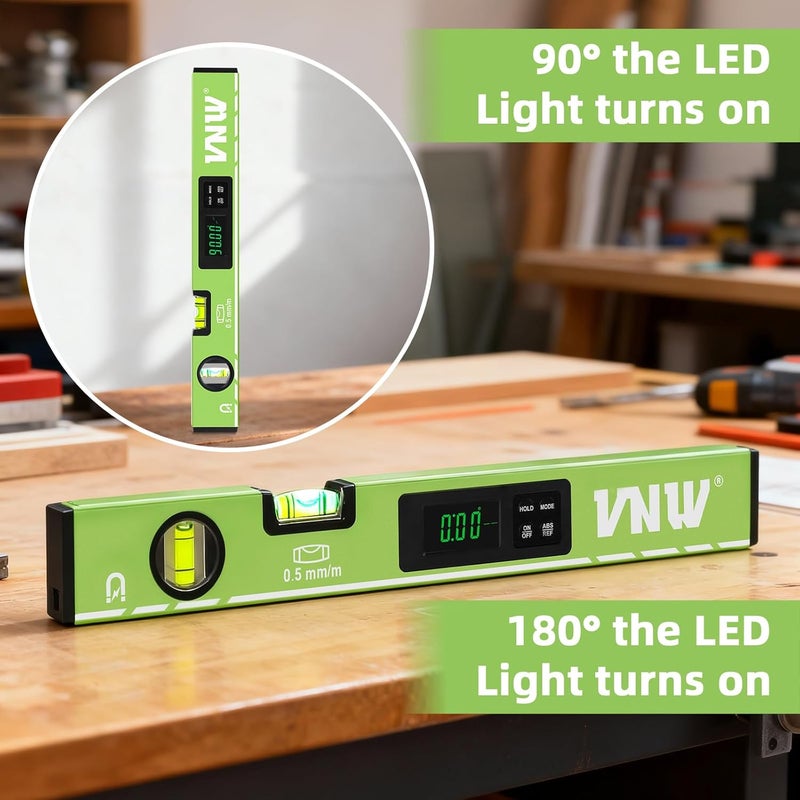 VNW 16inch Digital Level with LCD Display - Bubble Light Up Function - Multi Purpose:Magnetic Torpedo Level, Angle Finder 0-90° & 0-180° Range -Leveler Tool for Woodwork,Saw & Home Leveling (Green) - Image 2